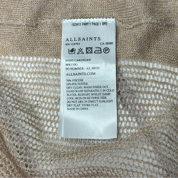 All Saints Bishi Open Knit Mesh Cardigan Sweater Sz S Beige Tan Sheer Asymmetric - Picture 8 of 8